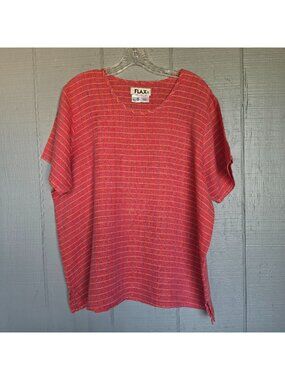 FLAX 100% Linen Plaid Tunic Top Women Medium Red Orange Blue Oversized Lagenlook